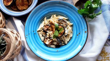 Creamy Penne with Roasted Eggplant and Pine Nuts