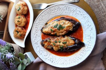 Vegan Melitzanes Papoutsakia (Stuffed Eggplants) with Mushroom Mince