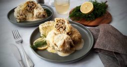 Cabbage dumplings with egg lemon (avgolemono)