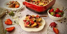 Tsoureki Bun Pudding with Chocolate, Strawberries, and Blueberries