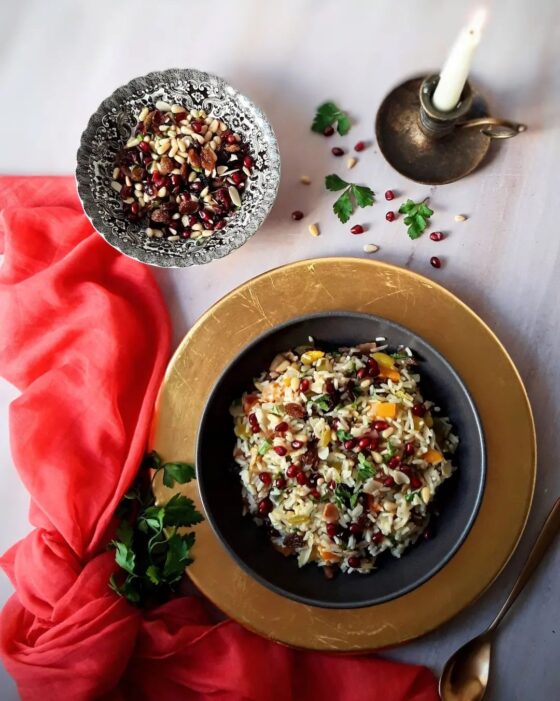 Festive Pilaf with Peppers, Artichokes, and Pomegranate Recipe